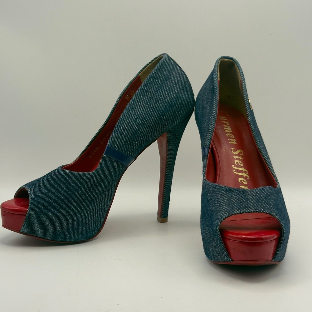 Carmen Steffens Denim Peep Toe Platform Pumps Red Stiletto Heels Size 8
